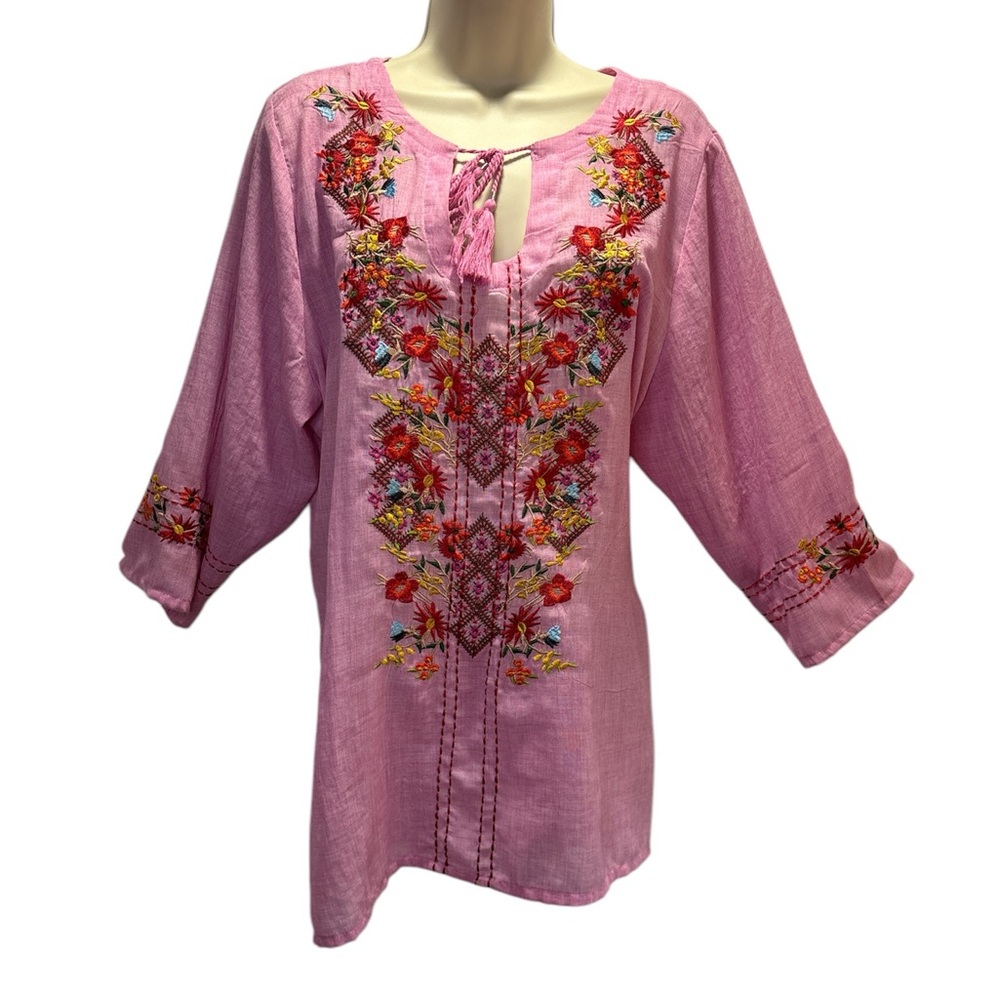 Paparazzi Women Floral Embroidered Tie Front  3/4 Sleeve Pink Tunic Top Size XL